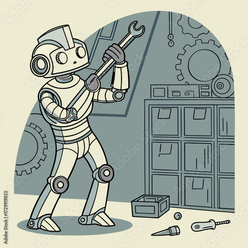 A friendly cartoon robot with a retro design is diligently working on repairs in a workshop holding a large wrench above its head