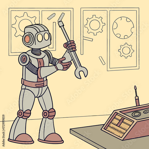 A friendly cartoon robot character holding a large wrench appearing to be in a workshop or laboratory setting with schematic drawings of gears on the wall