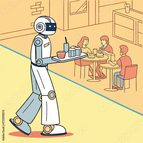 A friendly robot waiter delivers food and drinks to customers sitting at tables in a modern cafe or restaurant showcasing technological advancement in service industries