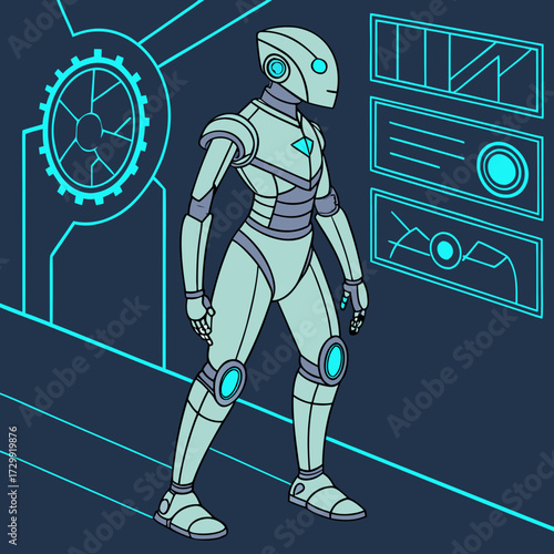 A futuristic humanoid robot stands in a high tech environment with glowing blue holographic displays and intricate mechanical details suggesting advanced artificial intelligence and innovation