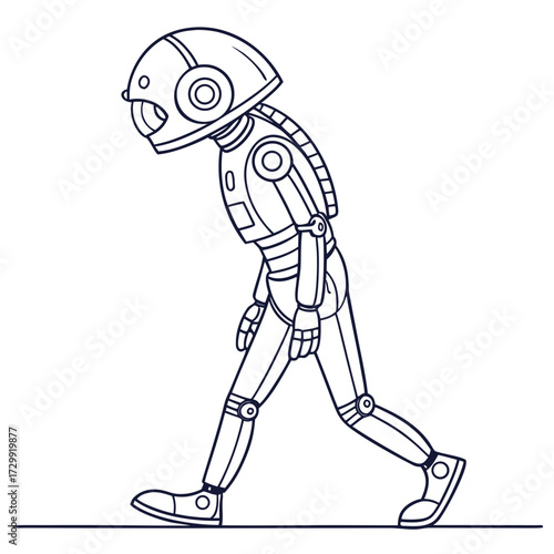 A lonely anthropomorphic robot with a rounded helmet and segmented body walks with a dejected posture conveying a sense of sadness or contemplation in a simple line drawing