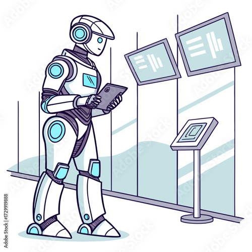 A futuristic humanoid robot stands holding a tablet computer and interacting with digital displays in a modern environment representing artificial intelligence and technological advancement