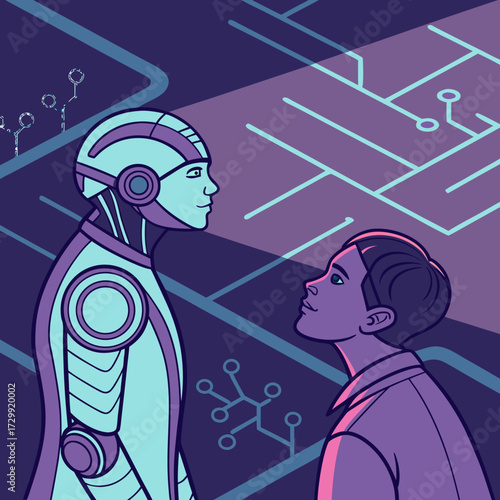 A stylized illustration depicting a human looking up at a futuristic robot against a backdrop of circuit board patterns and futuristic technology elements
