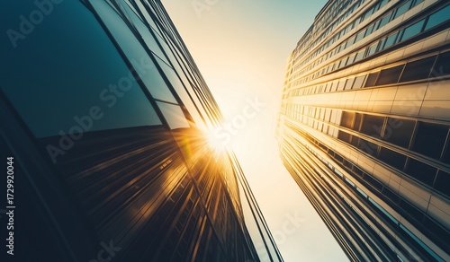 Modern buildings with sunlight shining through looking up at them featuring sun behind one building shining on another conveying atmosphere of success in business or architecture