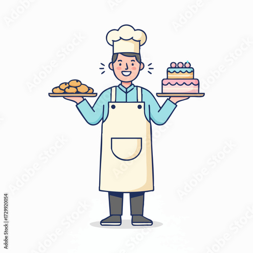 Happy male baker in uniform proudly holding a delicious cake and a tray of fresh pastries, showcasing his culinary creations