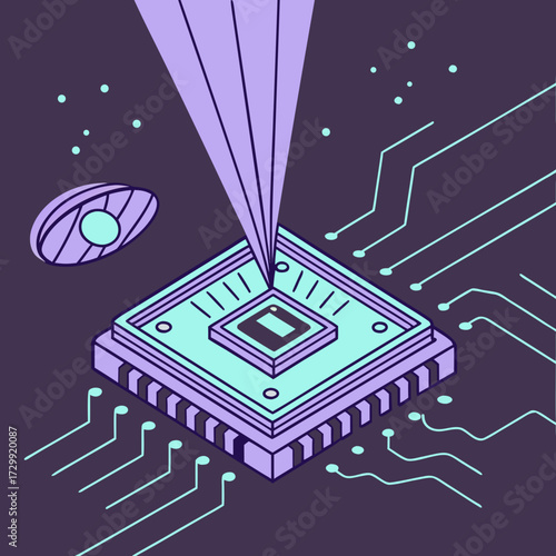 Abstract digital illustration of a futuristic microchip with a beam of light emanating from its center surrounded by circuit board traces and celestial elements