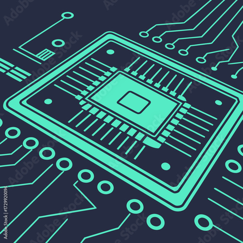 Abstract digital illustration of a central processing unit chip on a circuit board with glowing teal lines against a dark navy blue background representing technology and innovation