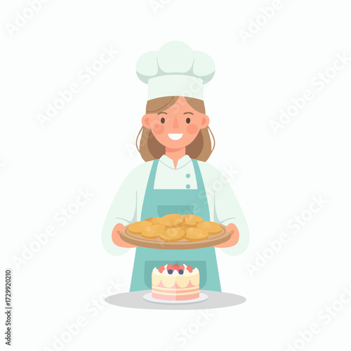 A smiling baker proudly presents a tray of freshly baked cookies next to a beautifully decorated cake, highlighting culinary skill and delicious creations