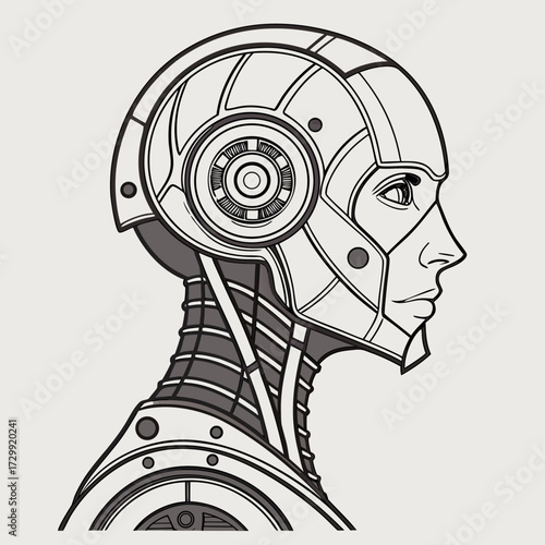 Detailed profile illustration of a futuristic humanoid robot head and neck with intricate mechanical details and a human like eye against a neutral background