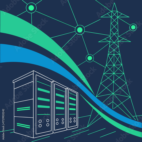 Digital transformation of the power grid with data servers and network connections symbolizing smart technology integration and future energy infrastructure development