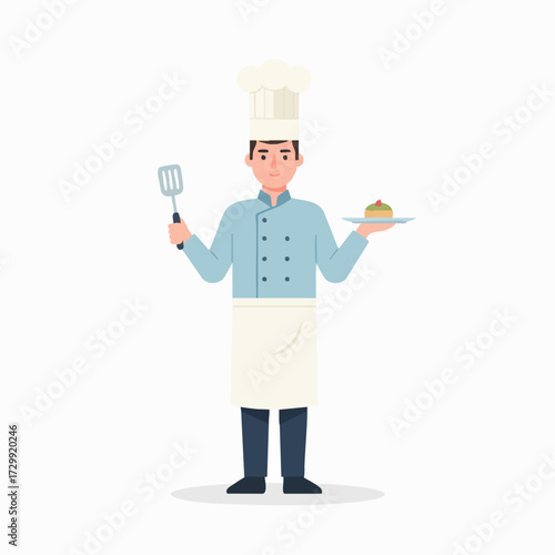 Chef holding a spatula and a plate with a cake, a culinary professional ready to serve