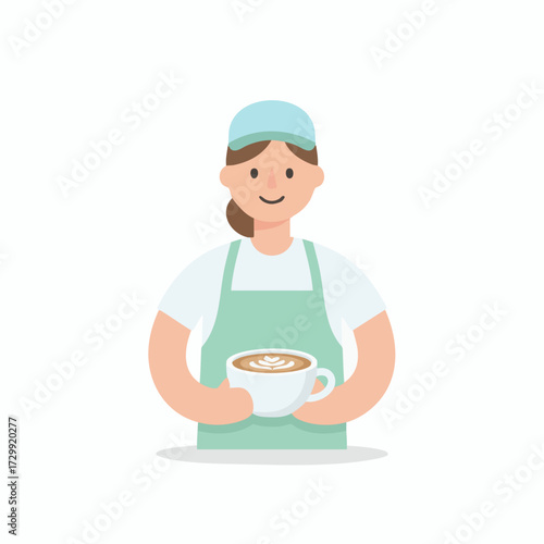 Charming female barista character in an apron holding a latte, a concept illustration representing coffee culture and friendly service