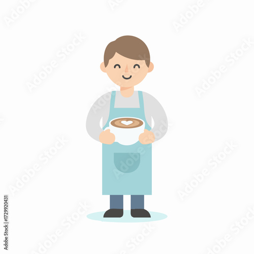 Cute cartoon barista character holding a cup of coffee with heart latte art, representing the concept of friendly service and passion for the cafe business