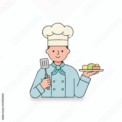 A friendly professional chef presents a delicious meal with kitchen utensils, embodying culinary expertise and hospitality in a clean, modern illustration style suitable for various design projects