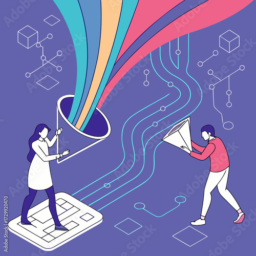 Two people interacting with a funnel and data streams symbolizing information processing and digital transformation with abstract technology elements