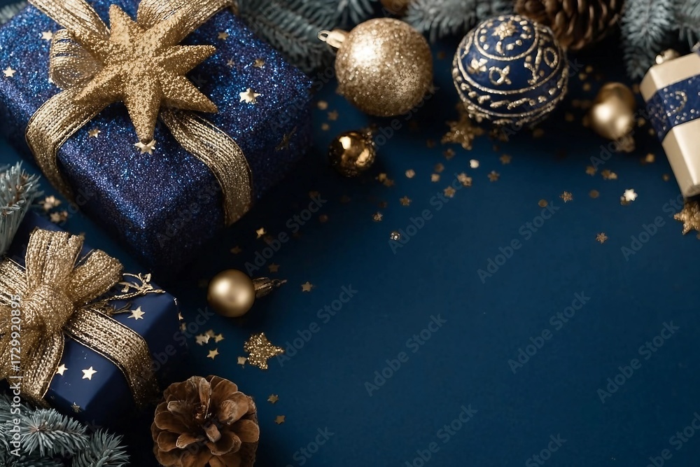 Fototapeta premium Gift Elegance. Overhead image featuring sparkling blue and gold-wrapped gifts, ornaments, radiant star, glitter, pinecones, frosty evergreen branches against rich blue backdrop for greeting or advert