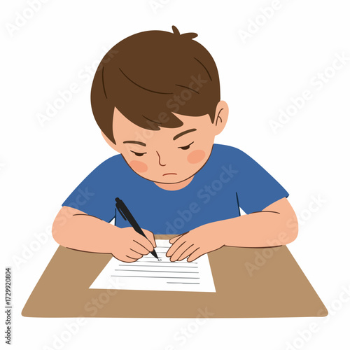 Simple Flat Illustration Boy Writing on Desk Educational Activity Clipart
