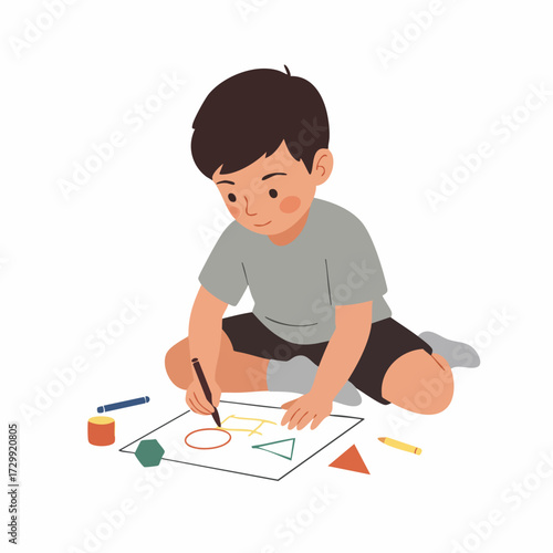 Flat Illustration of Boy Drawing Shapes with Crayon on Paper Art
