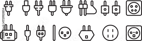 Minimalist Line Art Icons of International Electrical Plug and Socket Types