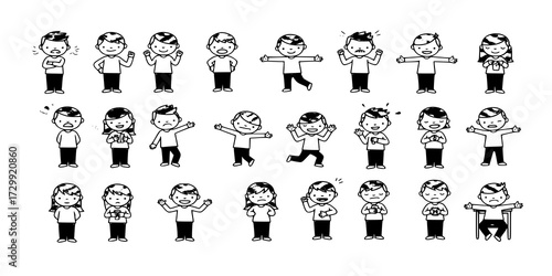 Characters with different gestures doodle line cartoon illustration set. Nonverbal communication signs linear vector people collection
