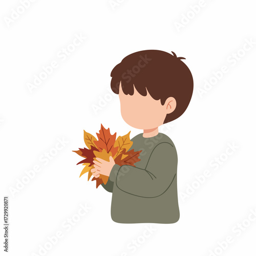 Cute Cartoon Style Little Boy Holding Autumn Maple Leaves Illustration