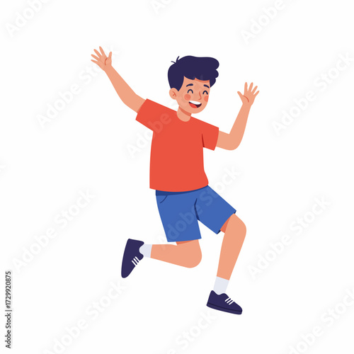 Flat Illustration Joyful Boy Character Jumping in Air Celebration Pose