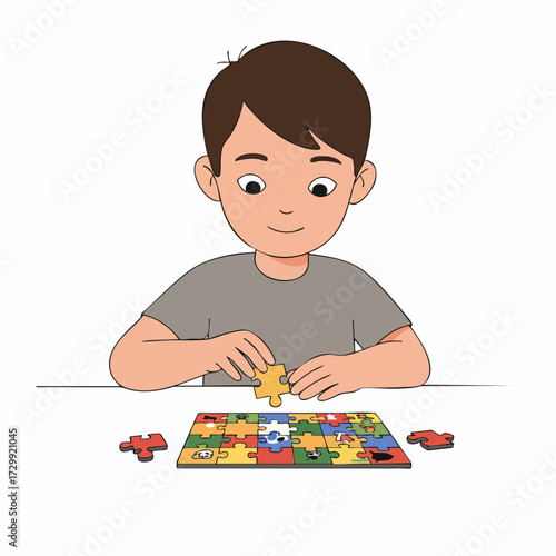 Cartoon Style Young Boy Playing Jigsaw Puzzle On Table Illustration