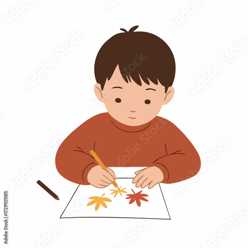 Minimalist Flat Illustration of Child Drawing Autumn Leaves on Paper