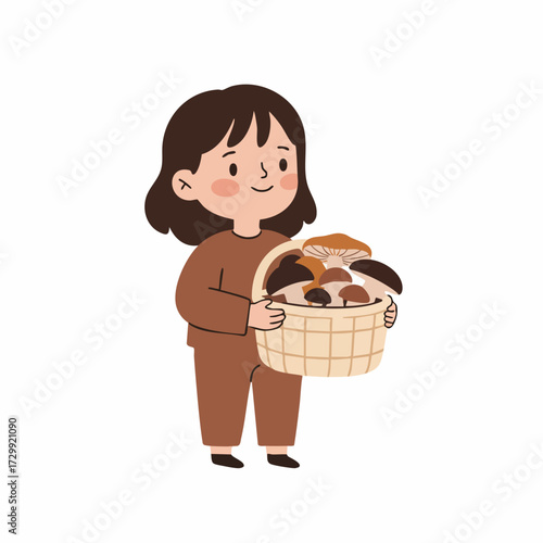 Cute Cartoon Style Young Girl Carrying Mushroom Basket Illustration