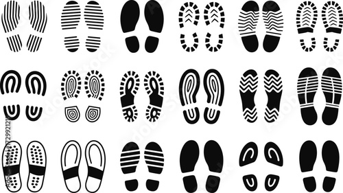 Silhouette shoe prints and footwear sole vector icons set, various shoe tread designs, boot footprints, sandal marks, black isolated illustration
