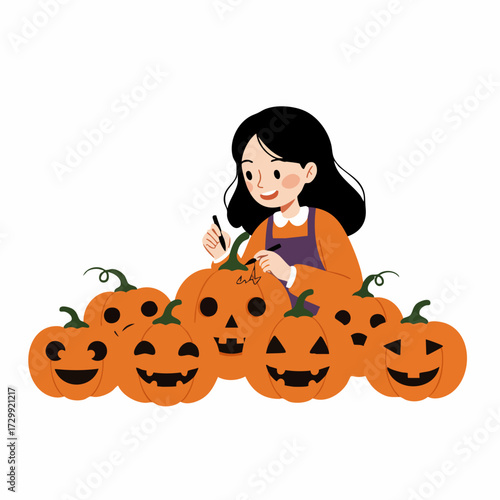 Cartoon Style Little Girl Carving Spooky Pumpkins for Halloween Illustration