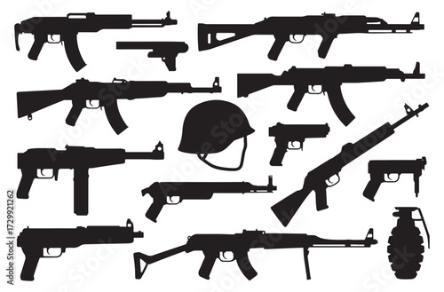 Military Weapon Silhouette Vector Set – Guns, Rifle, Pistol, Grenade, Helmet and Tactical Equipment Illustration vector