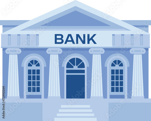 Bank building illustration with classical architecture, financial institution exterior, columns and windows, money savings, economy, investment, finance vector design for business concept