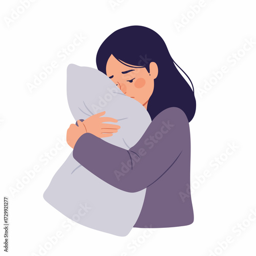 Flat Illustration Sad Woman Hugging Pillow Expressing Loneliness Concept