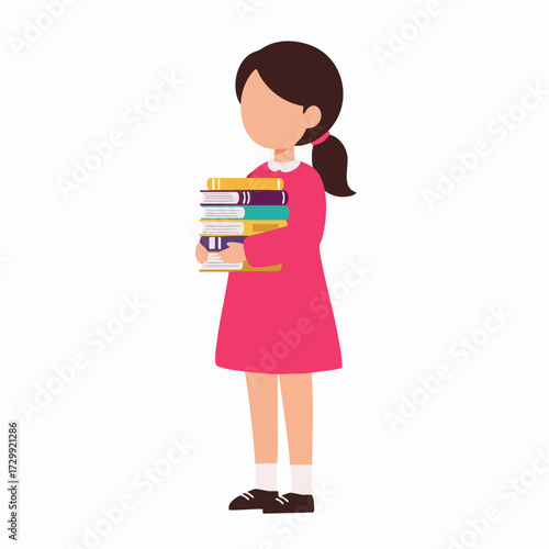 Flat Faceless Illustration of Girl Holding Stack of Books Character
