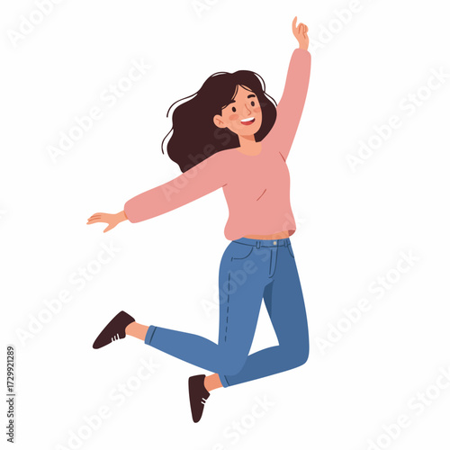 Flat Illustration Cheerful Woman Jumping with Joyful Expression Character