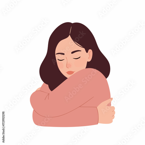 Flat Illustration Sad Woman Embracing Herself Mental Health Illustration