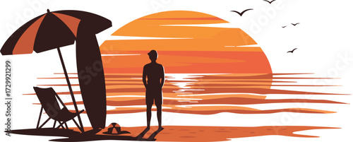 A tranquil tropical beach sunset with a silhouetted figure, surfboard, and umbrella, capturing the serene beauty of the ocean's edge at dusk