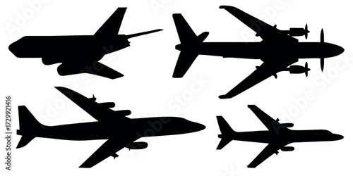 Vector Silhouette Set of Airplanes Passenger Jet Propeller Plane and Cargo Aircraft