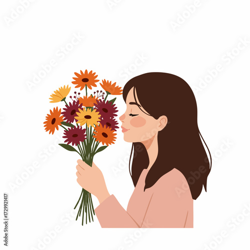 Flat Style Illustration of Woman Smelling a Colorful Flower Bouquet