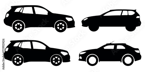 Vector Silhouette Set of Cars Sports SUV and Hatchback Side Profiles
