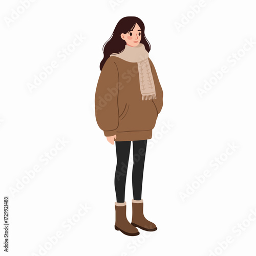 Simple Flat Illustration of a Brunette Girl in Winter Clothing Character