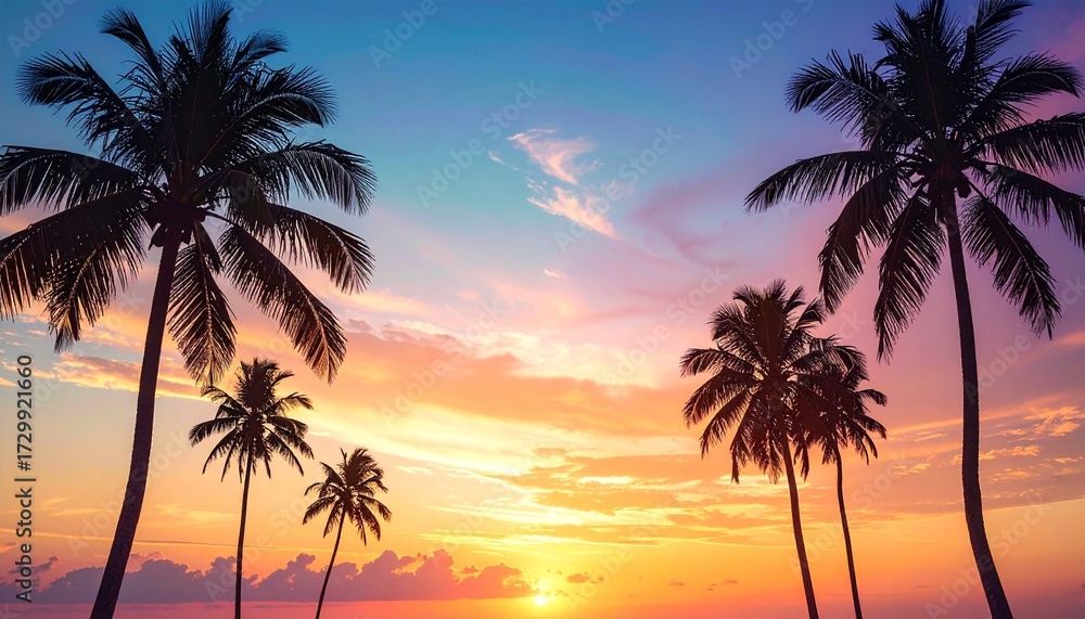 Obraz premium Silhouetted palm trees against a vibrant sunset sky over the ocean, creating a tropical scene.