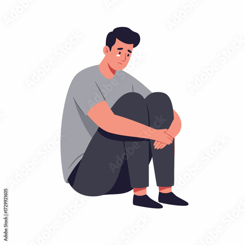 Flat Illustration Depressed Young Man Hugging Knees Sitting on Floor