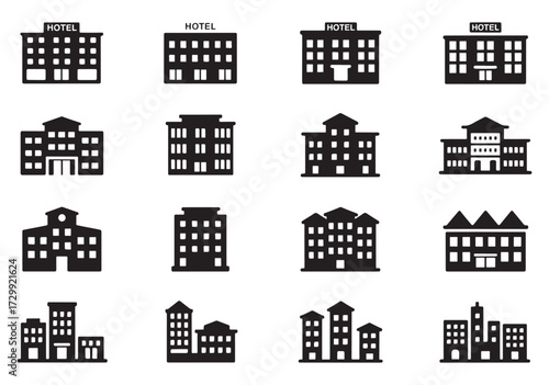 Hotel Building Vector Icons Set Architecture Silhouette Design