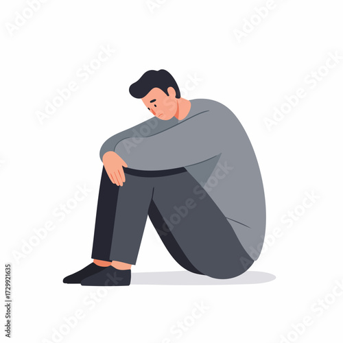 Minimalist Flat Illustration Sad Young Man Sitting Alone Depression Concept