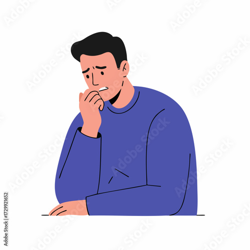 Flat Illustration Anxious Man Biting Nail Insecurity Expression Character