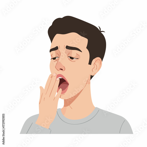 Realistic Bored Man Yawning with Hand Over Mouth Flat Illustration