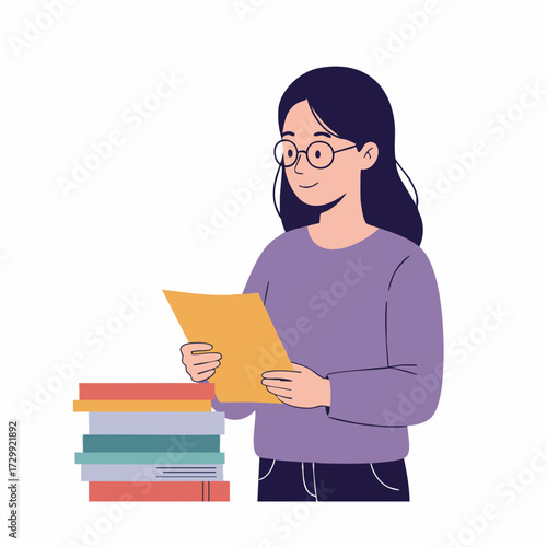 Modern Flat Illustration of a Young Woman Reading Document Beside Stack Books
