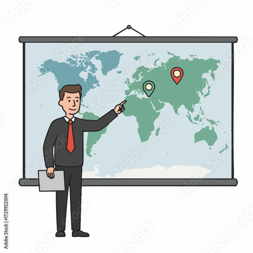 Flat Style Man Presenting World Map On Screen at Business Meeting